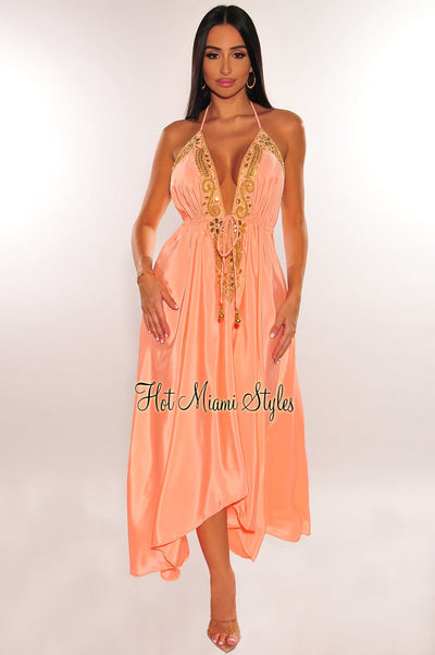 Peach Halter Rhinestone Drawstring Asymmetrical Hem Maxi Dress - Hot Miami Styles