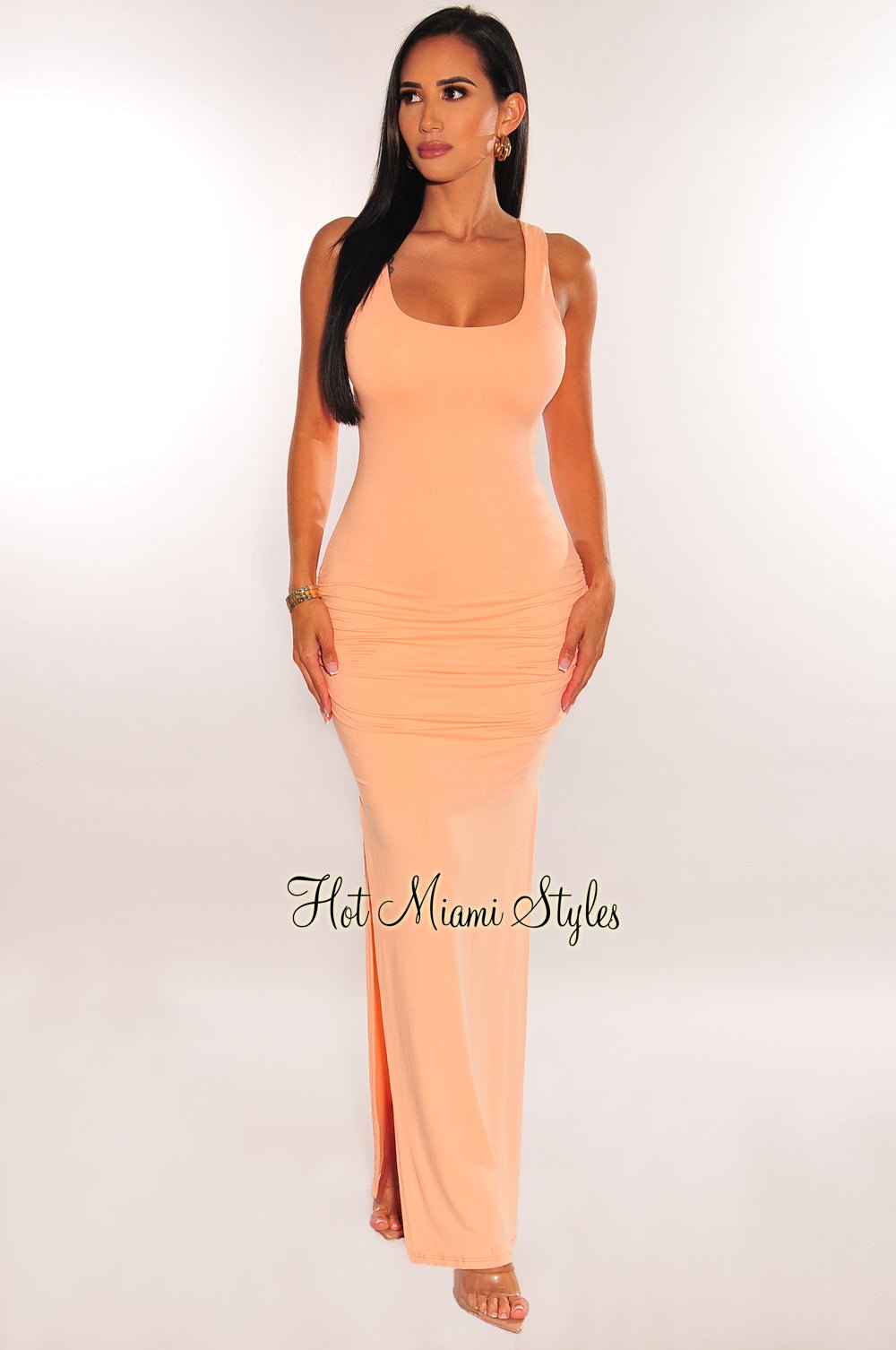 Peach Ruched Sides Slit Maxi Dress – Hot Miami Styles