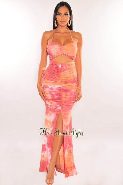 Peach Tie Dye Halter Cut Out Ruched Slit Maxi Dress - Hot Miami Styles