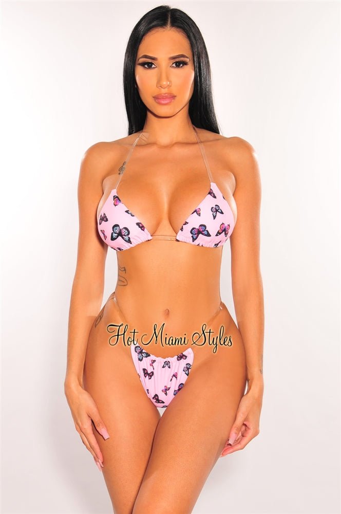 Pink Butterfly Print Padded Halter Clear Strap Bikini - Hot Miami