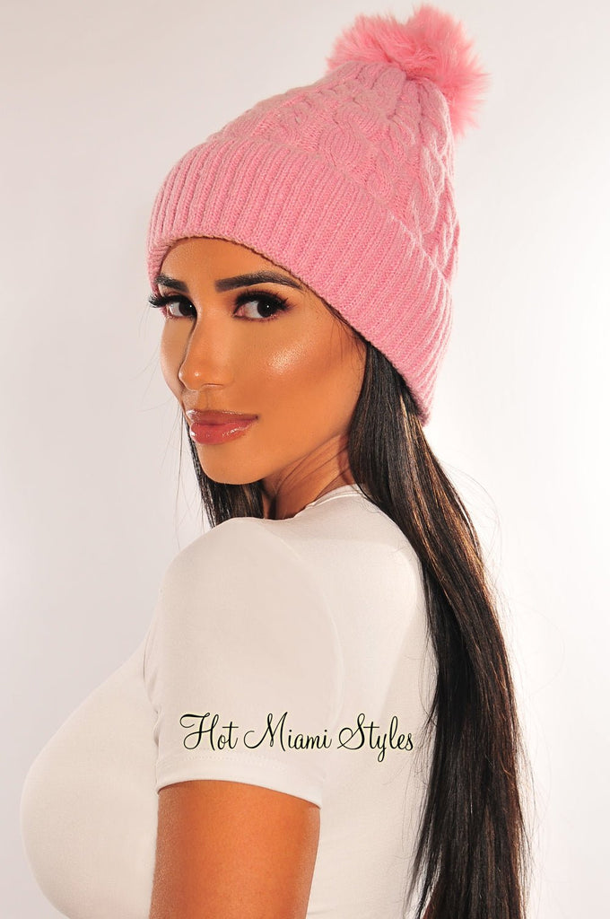 pink-cable-knit-pom-beanie-hot  display picture 3