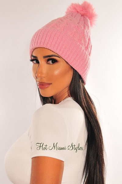 Pink Cable Knit Pom Beanie - Hot Miami Styles