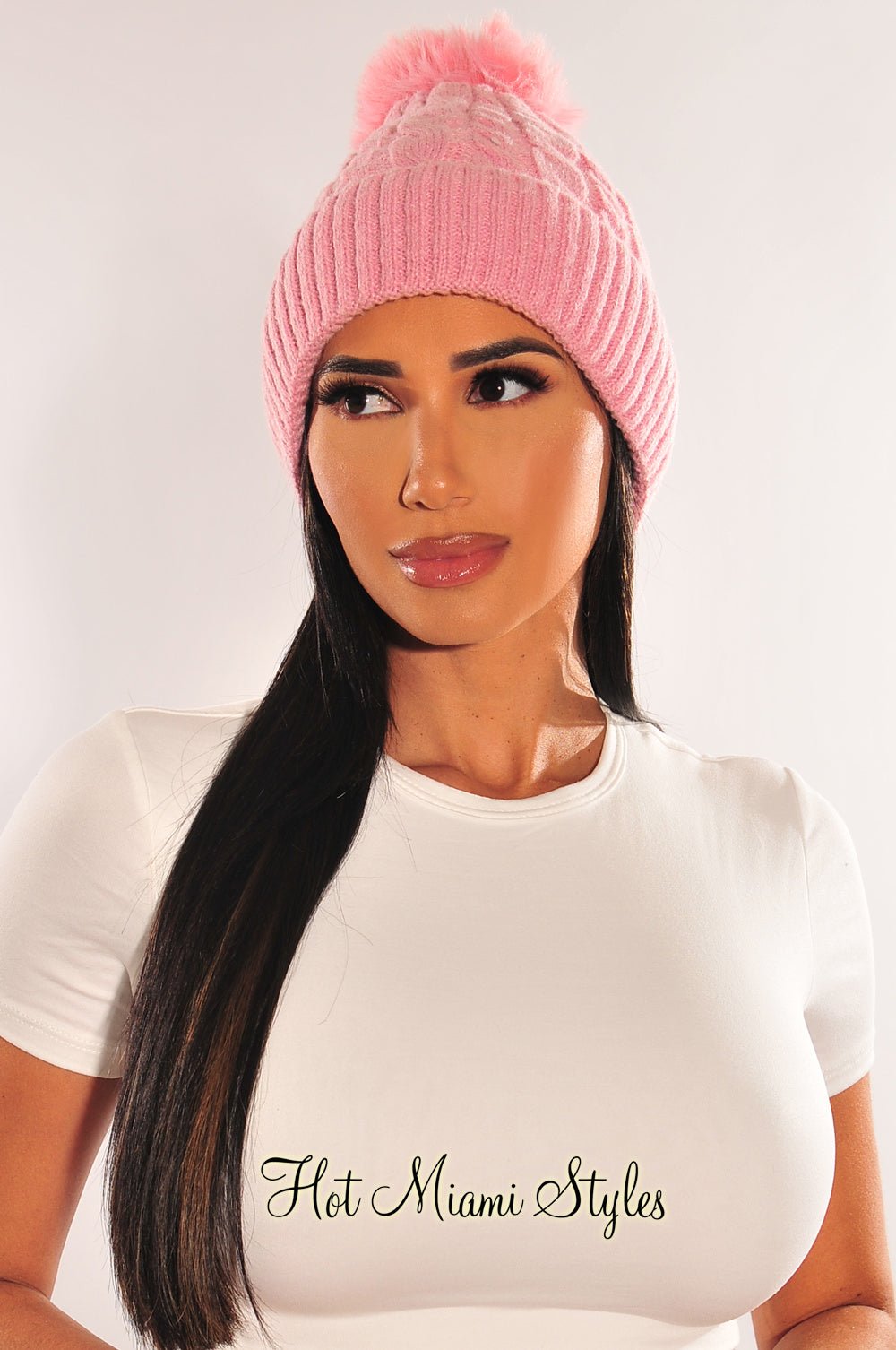 Pink Cable Knit Pom Beanie – Hot Miami Styles display picture 3