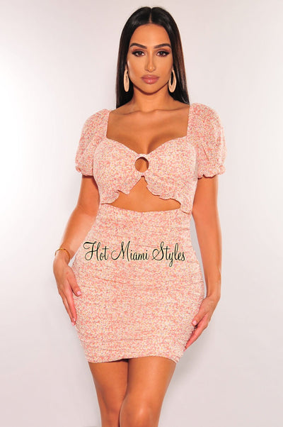 Pink Floral Print Short Sleeve O Ring Cut Out Ruffle Ruched Dress - Hot Miami Styles