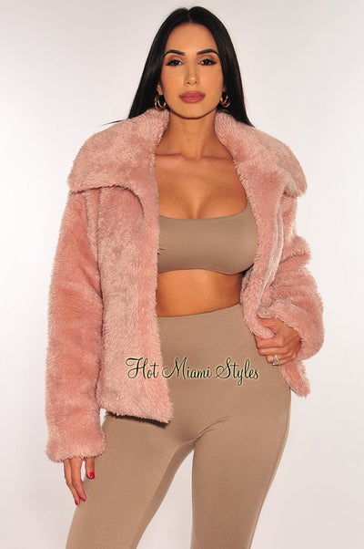 Pink Fuzzy Collared Long Sleeve Jacket - Hot Miami Styles
