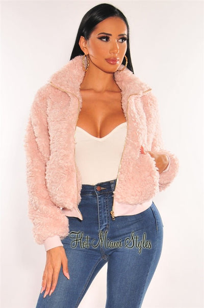 Pink Fuzzy Collared Zipper Cropped Jacket - Hot Miami Styles