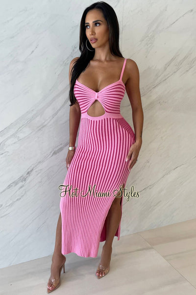 Pink Nude Ribbed Knit Spaghetti Strap Knotted Cut Out Double Slit Dress - Hot Miami Styles
