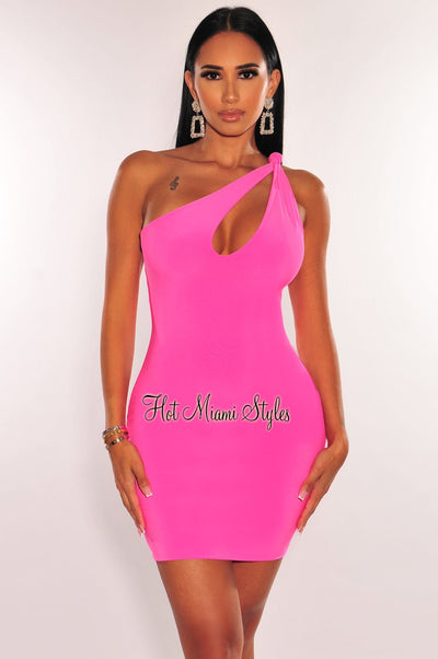 Pink One Shoulder Knotted Keyhole Mini Dress - Hot Miami Styles