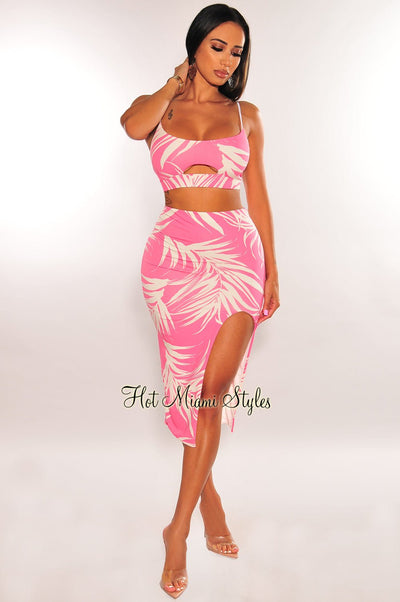 Pink Palm Print Cut Out Spaghetti Straps Slit Skirt Two Piece Set - Hot Miami Styles