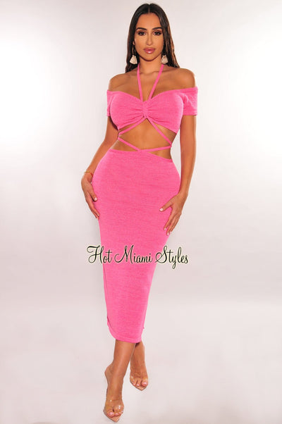 Pink Ribbed Knit Halter Off Shoulder Wrap Around Slit Skirt Two Piece Set - Hot Miami Styles