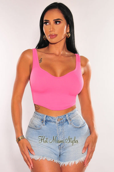 Pink Ribbed Seamless Curved Hem Sleeveless Top - Hot Miami Styles