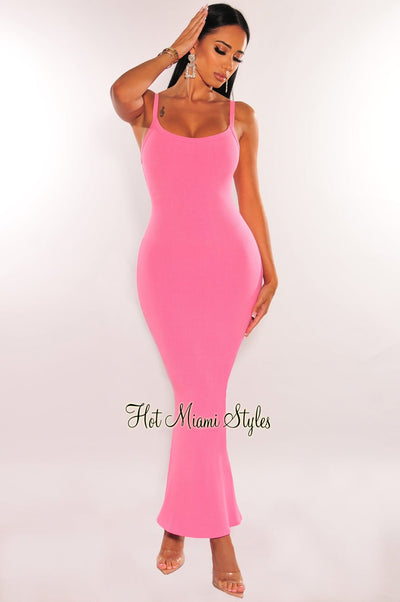 Pink Ribbed Spaghetti Straps Flare Mermaid Maxi Dress - Hot Miami Styles