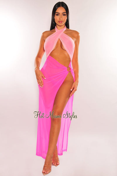 Pink Tri-Color Criss Cross Halter O-Ring Mesh Slit Dress - Hot Miami Styles