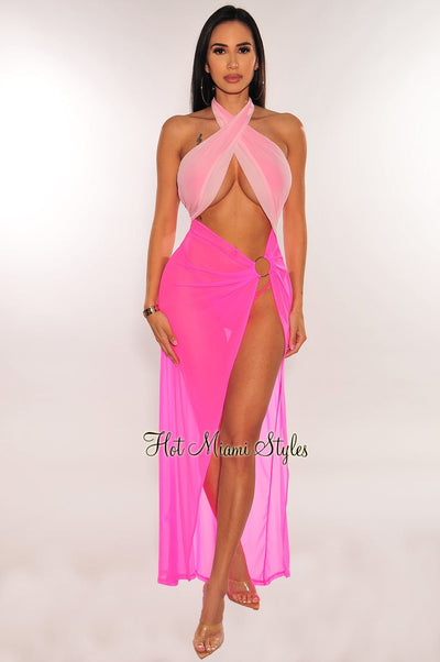 Pink Two Toned Criss Cross Halter O-Ring Mesh Slit Dress - Hot Miami Styles