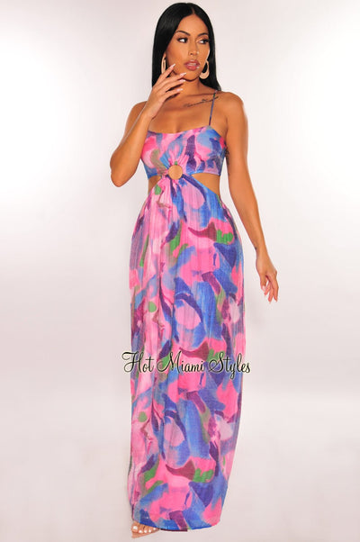 Pink Watercolor Print O Ring Cut Out Maxi Dress - Hot Miami Styles