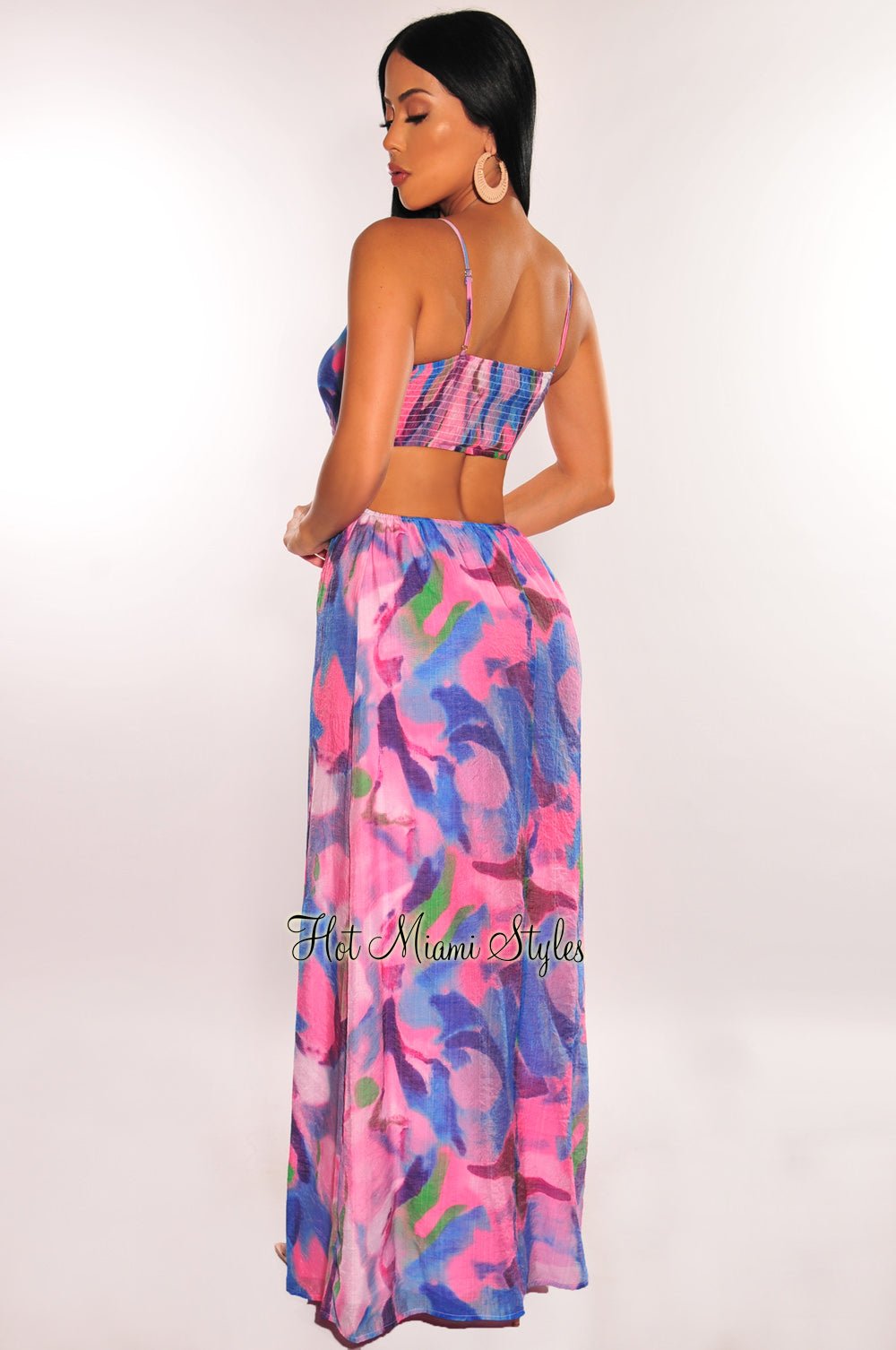 Pink Watercolor Print O Ring Cut Out Maxi Dress – Hot Miami Styles