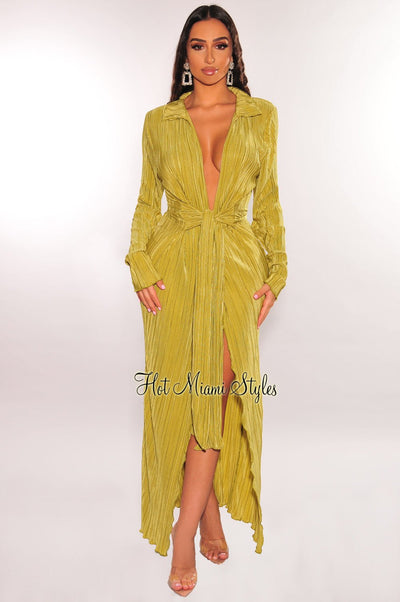 Pistachio Ribbed Collared Belted Long Sleeve Duster - Hot Miami Styles