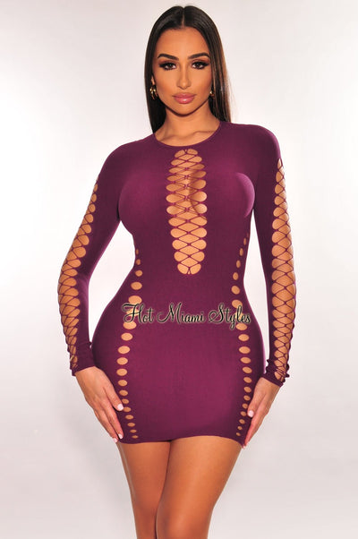 Plum Round Neck Long Sleeve Lace Up Seamless Dress - Hot Miami Styles