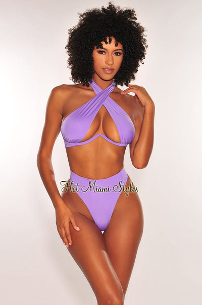 Purple Halter Underwire CrissCross Tie Up Scrunch Butt Bikini Bottom - Hot Miami Styles