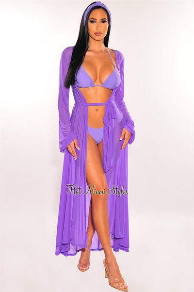 Purple Mesh Long Sleeves Belted Maxi Cover Up - Hot Miami Styles