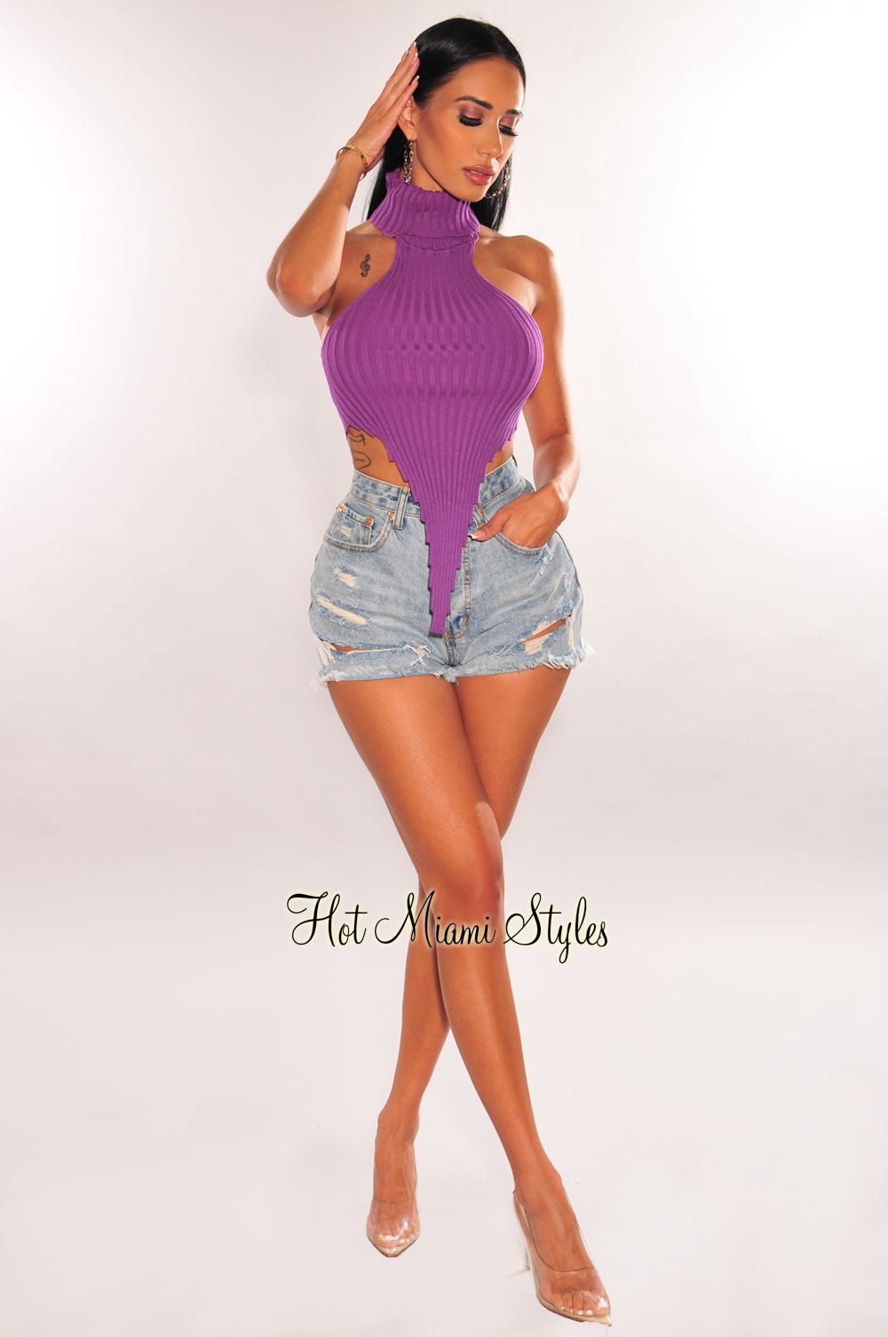 Purple Ribbed Knit Turtleneck Asymmetrical Hem Crop Top - Hot