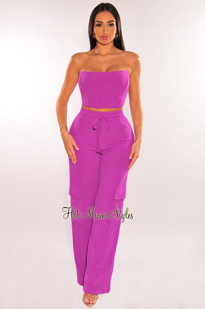 Purple Ribbed Strapless Boned Corset Wide Leg Cargo Pant Two Piece Set - Hot Miami Styles