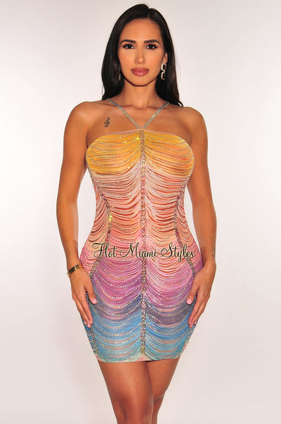 Rainbow Rhinestone Swirl Tiered Spaghetti Strap Dress - Hot Miami Styles