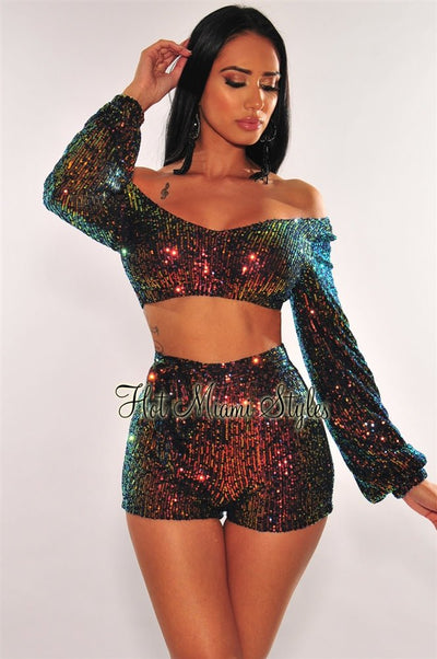 Rainbow Sequins Long Sleeves Belted Shorts Two Piece Set - Hot Miami Styles