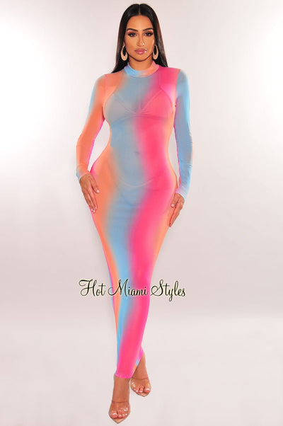 Rainbow Swirl Sheer Mesh Long Sleeve Cover Up Dress - Hot Miami Styles
