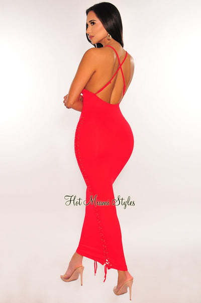 Red Chain Straps Crisscross Back Laced Side Midi Dress - Hot Miami Styles