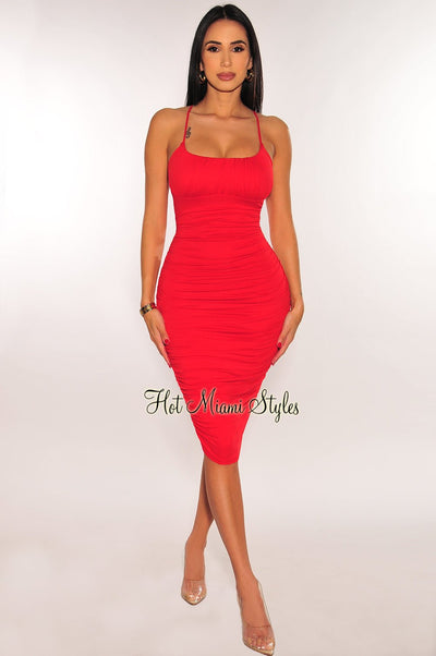 Red Criss Cross Spaghetti Straps Ruched Dress - Hot Miami Styles