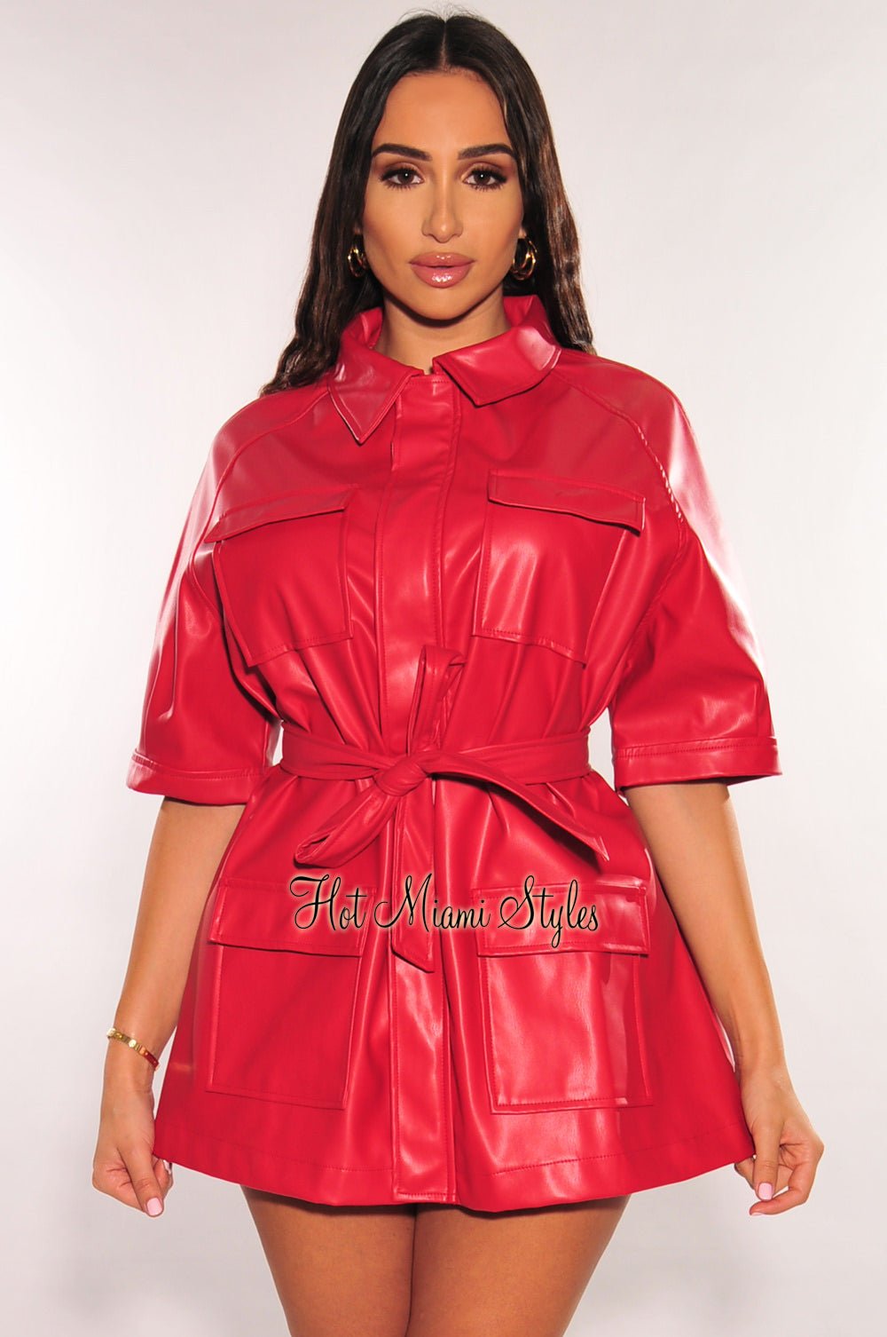 Red Faux Leather Collared Short Sleeve Belted Jacket Dress - Hot
