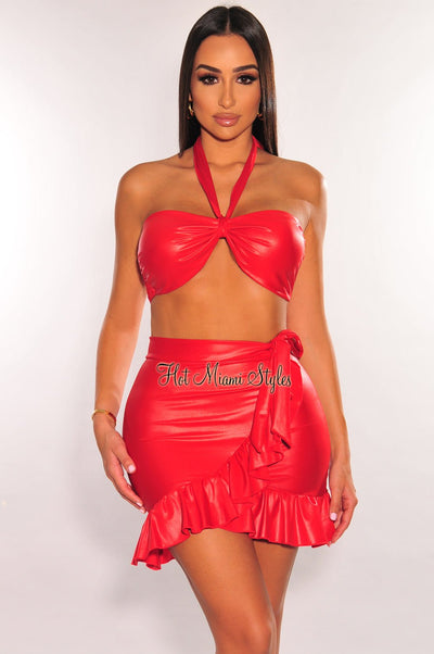 Red Faux Leather Halter Ruffle Tie Up Skirt Two Piece Set - Hot Miami Styles