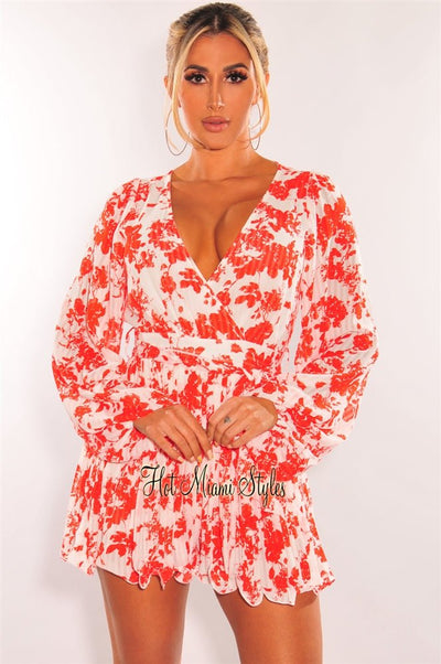 Red Floral Print V Neck Long Sleeve Belted Pleated Romper - Hot Miami Styles