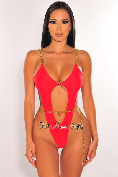 Red Gold Chain Cut Out Ultra High Cut Swimsuit - Hot Miami Styles