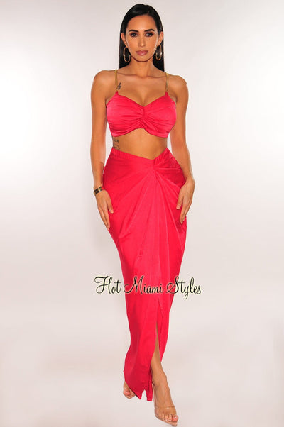 Red Gold Chain Padded Knotted Slit Skirt Two Piece Set - Hot Miami Styles
