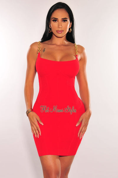 Red Gold Chain Ribbed Spaghetti Strap Bodycon Dress - Hot Miami Styles