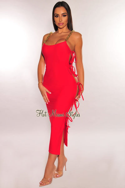Red Gold Chain Straps Tie Up Sides Dress - Hot Miami Styles
