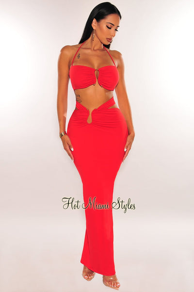 Red Gold Ring Halter Maxi Skirt Two Piece Set - Hot Miami Styles
