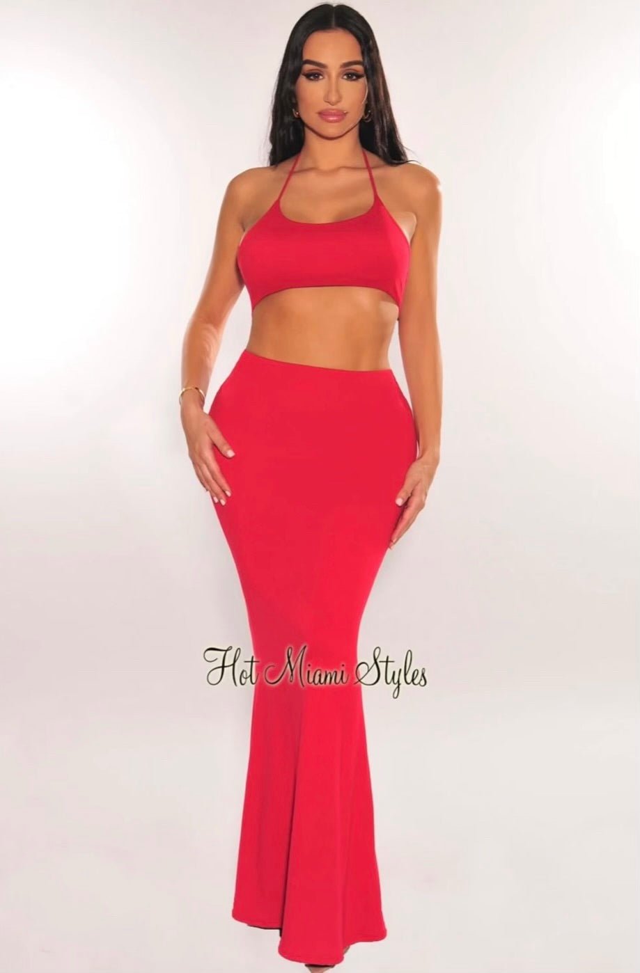 Red Halter O-Ring Cut Out Strap Slit Dress - Hot Miami Styles