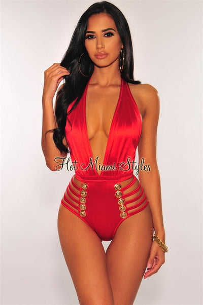 Red Halter Gold Button Strappy Sides Swimsuit - Hot Miami Styles