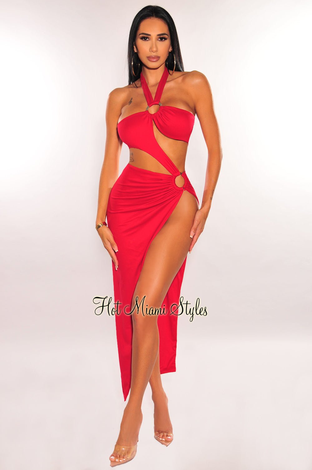 Red Halter O-Ring Cut Out Strap Slit Dress - Hot Miami Styles Red Halter O-Ring Cut Out Strap Slit Dress - Hot Miami Styles
