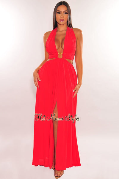 Red Halter Tie Up Cut Out O-Ring Slit Maxi Dress - Hot Miami Styles