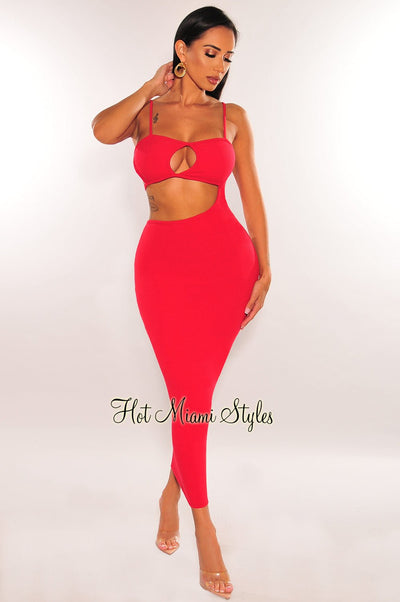 Red Keyhole Ribbed Spaghetti Straps Cut Out Strappy Dress - Hot Miami Styles