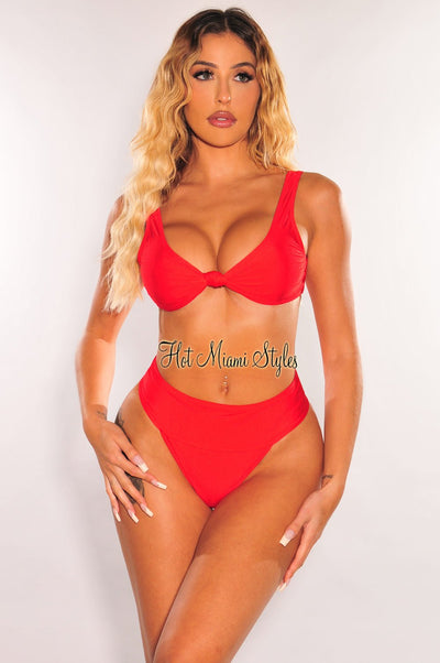 Red Knotted Sleeveless High Rise Bikini Bottom - Hot Miami Styles