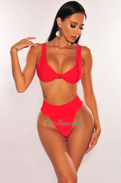 Red Knotted Sleeveless High Rise Bikini - Hot Miami Styles