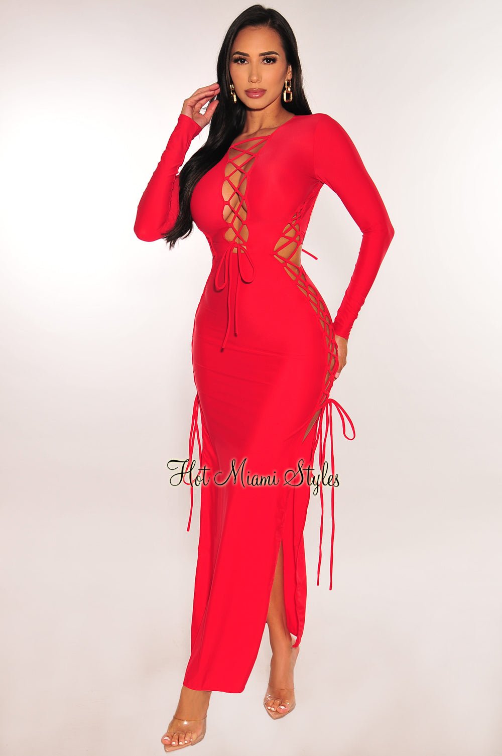 Red lace up dress on sale