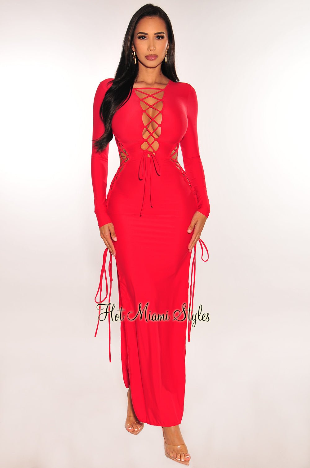 Red Lace Up Cut Out Double Slit Long Sleeve Dress - Hot Miami Styles Red Lace Up Cut Out Double Slit Long Sleeve Dress - Hot Miami Styles
