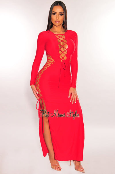 Red Lace Up Cut Out Double Slit Long Sleeve Dress - Hot Miami Styles
