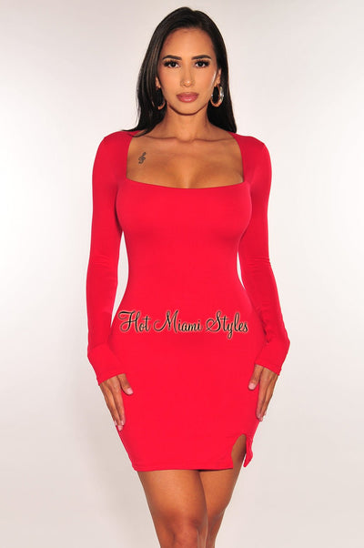 Red Long Sleeve Square Neck Mini Dress - Hot Miami Styles